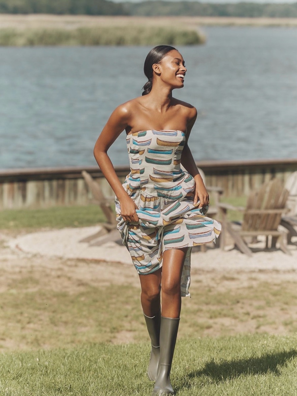 Anthropologie Strapless Maxi Dress in Cream, Blue, Green and Tan